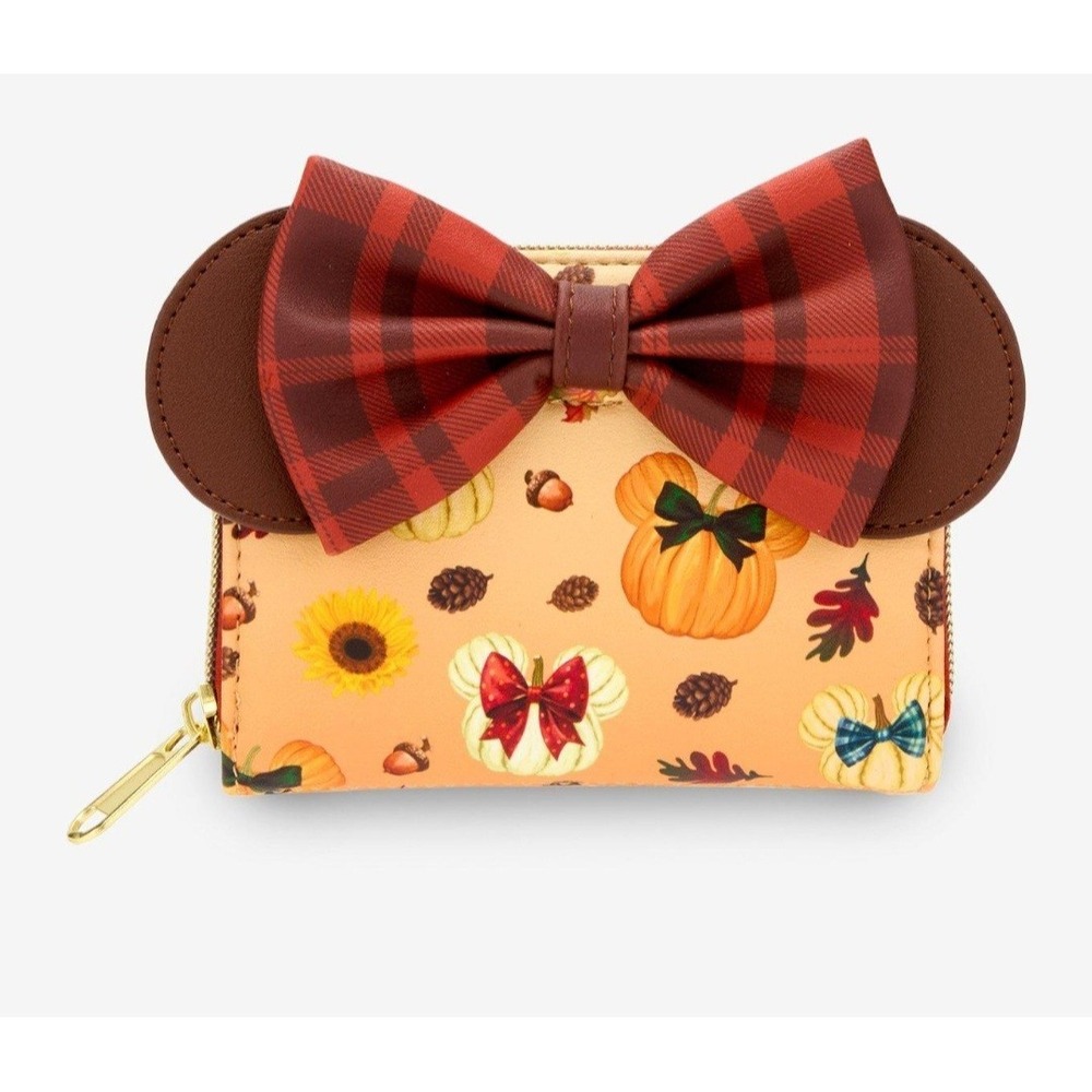 NEW! Loungefly Disney Minnie Mouse Fall Pumpkin Plaid Bow Backpack & WALLET Set! - Picture 6 of 9